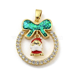 Christmas Brass Micro Pave Cubic Zirconia Pendant, with Enamel and Synthetic Opal, Christmas Wreath, Dark Cyan, 25.5x22.5x5.5mm, Hole: 5x3mm(KK-H468-01E-02G)