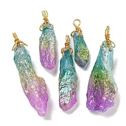 Electroplated Raw Rough Natural Quartz Crystal Big Pendants, Nuggets Charms with Copper Wire Loops, Golden, Colorful, 40~48x13~23x10~20mm, Hole: 4.5~5mm(G-A229-02G-01)