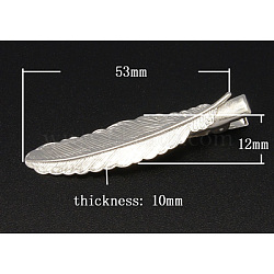 Iron Flat Alligator Hair Clip Findings, with Brass Leaf Tray, Silver Color Plated, 53x12x10mm(PHAR-B013-S)