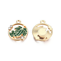 Autumn Theme Alloy Enamel Pendants, with Rhinestones, Light Gold, Flat Round with Maple Leaf, Sea Green, 18x15.5x2.5mm, Hole: 1.6mm(ENAM-N048-010B)