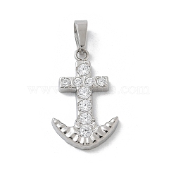 Ion Plating(IP) 304 Stainless Steel Micro Pave Cubic Zirconia Pendants, Anchor Charms, Stainless Steel Color, 17.5x11x2mm, Hole: 4X2.5mm(STAS-Z107-07P)