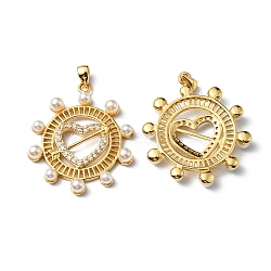Plastic Imitation Pearl Pendants, with Rack Plating Brass Micro Pave Cubic Zirconia Findings, Cadmium Free & Lead Free, Long-Lasting Plated, Helm, Real 18K Gold Plated, 29.5x26x4.5mm, Hole: 3.5x2.5mm(KK-P235-07G)