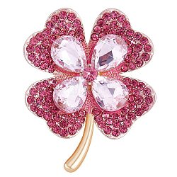 Cubic Zirconia Clover Brooch Pin, Golden Alloy Badge for Backpack Clothes, Pink, 42x50mm(JBR105C)