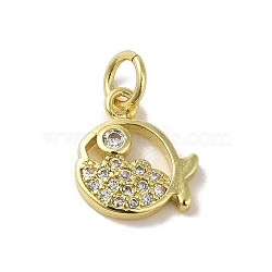 Real 18K Gold Plated Brass Pave Clear Cubic Zirconia Pendants, with Jump Rings, Fish, 11.5x10x2mm, Hole: 3mm(KK-M283-07C-01)