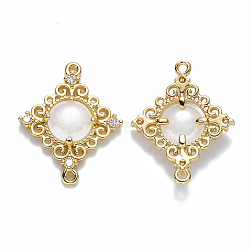 Glass Links connectors, with Eco-Friendly Alloy Open Back Berzel Findings and Clear Cubic Zirconia, Rhombus, Nickel Free, Light Gold, Creamy White, 23.5x19x4.5mm, Hole: 1.2mm(X-GLAA-T014-07KC-NF)