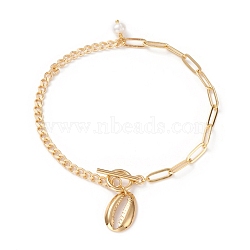 Anklets, with Natural Pearl Beads, Brass Curb Chains & Paperclip Chains, 304 Stainless Steel Toggle Clasps & Pendants, Shell Shape, Golden, 9-5/8 inch(24.5cm)(AJEW-AN00366-02)