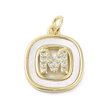 Rack Plating Brass Micro Pave Clear Cubic Zirconia Pendants, with Shell, Cadmium Free & Lead Free, Long-Lasting Plated, Real 18K Gold Plated, with Jump Ring, Letter M, 17.5x15x2.5mm, Hole: 3mm