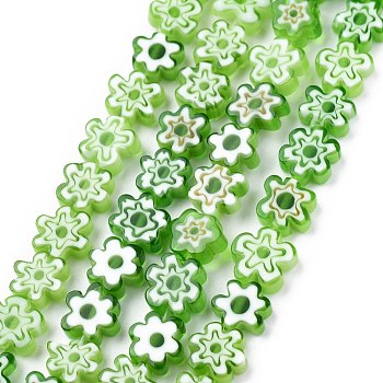 Handmade Millefiori Glass Bead Strands, Flower, Light Green, 6.4~9x3.2mm, Hole: 1mm, about 56pcs/Strand, 15.75''(40cm)