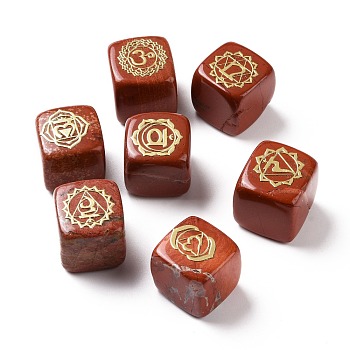 7Pcs 7 Styles Natural Brecciated Jasper Beads, with Long-Lasting Plated Golden Tone Brass Chakra Pattern Slices, Lead Free & Cadmium Free, No Hole, Cube, 15.5~18x15~17x14.5~17mm, 1pc/style