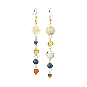 Chakra Theme Natural & Synthetic Mixed Gemstone Beads Dangle Earrings, Sun & Planet Alloy Asymmetrical Earrings, 80x13.5mm, 84.5x11mm