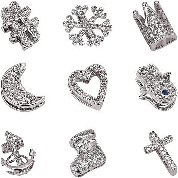 Brass Micro Pave Clear Cubic Zirconia Slide Charms, Long-Lasting Plated, Cadmium Free & Nickel Free & Lead Free, Mixed Shapes, Real Platinum Plated, 13~17x8.5~17x4~7mm, Hole: 1~2x10~11mm, 9pcs/box