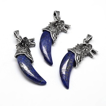 Antique Silver Zinc Alloy Dyed Natural Lapis Lazuli Big Pendants, Tusk Shape with Wolf, Lead Free & Nickel Free, 53~57x23x10mm, Hole: 4.5x8mm