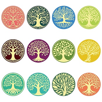 Paper Self Adhesive Gold Foil Embossed Stickers, Colorful Round Dot Decals for Seal Decoration, DIY ScrapbookScrapbook, Tree of Life, 50x50mm, 12pcs/sheet, 10 sheets/set