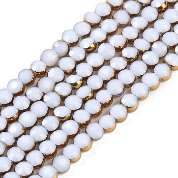 Electroplate Glass Beads Strands, Faceted, Flat Round, White, 4x4.5x3.5mm, Hole: 0.8mm, about 74pcs/strand, 11.73''(29.8cm)