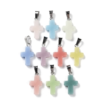 Synthetic Noctilucent Stone/Luminous Stone Pendants, Glow in the Dark Cross Charms with Stainless Steel Color Plated 201 Stainless Steel Snap on Bails, Mixed Color, 22x13x4mm, Hole: 7.5x4mm
