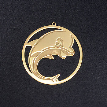201 Stainless Steel Pendants, Circle with Dolphin, Golden, 42x40x1mm, Hole: 1.6mm