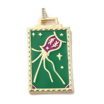 Brass Micro Pave Cubic Zirconia Pendant with Enamel, Rectangle, Sea Green, 45.5x25.5x2.5mm, Hole: 4.5mm