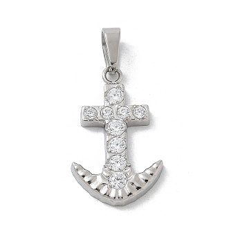 Ion Plating(IP) 304 Stainless Steel Micro Pave Cubic Zirconia Pendants, Anchor Charms, Stainless Steel Color, 17.5x11x2mm, Hole: 4X2.5mm