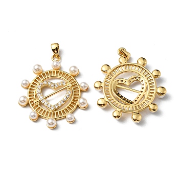 Plastic Imitation Pearl Pendants, with Rack Plating Brass Micro Pave Cubic Zirconia Findings, Cadmium Free & Lead Free, Long-Lasting Plated, Helm, Real 18K Gold Plated, 29.5x26x4.5mm, Hole: 3.5x2.5mm