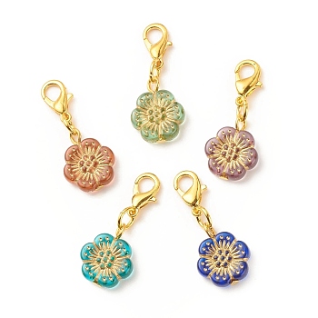 Plating Acrylic Pendant Decorations, Metal Enlaced, with Alloy Lobster Claw Clasps, Flower, Mixed Color, 30mm, Flower: 16x13x4mm