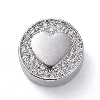 Brass Micro Pave Cubic Zirconia Beads, Flat Round with Heart, Clear, Platinum, 12x5mm, Hole: 2mm