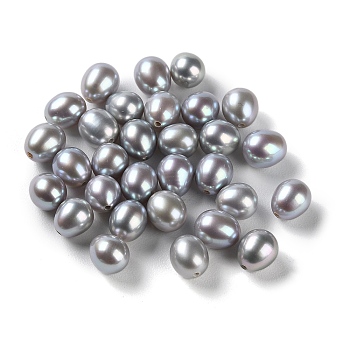 Dyed Natural Cultured Freshwater Pearl Beads, Half Drilled, Rice, Grade 5A, Dark Gray, 6~7x6~6.5mm, Hole: 0.9mm
