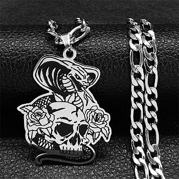 Snake with Skull 304 Stainless Steel Pendant Necklaces, with Enamel, Stainless Steel Color, 23.74 inch(60.3cm)