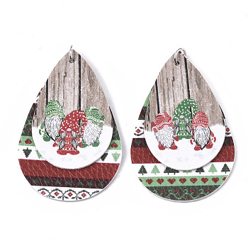 Christmas Theme PU Leather Big Pendants, with Platinum Tone Iron Jump Ring, teardrop, with Father Christmas, Colorful, 56.5x37x3mm, Hole: 5mm