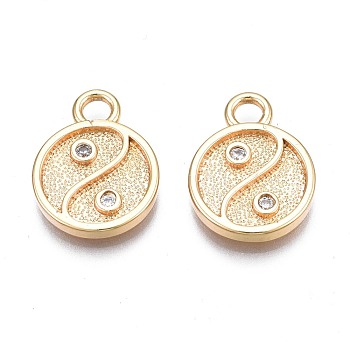 Brass Micro Pave Cubic Zirconia Pendants, Nickel Free, Real 18K Gold Plated, Flat Round, Clear, 16.5x12.5x2mm, Hole: 3mm
