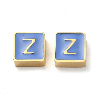 304 Stainless Steel Enamel Beads, Real 14K Gold Plated, Square with Letter, Letter Z, 8x8x4mm, Hole: 2mm