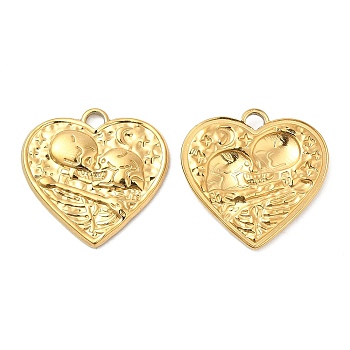 304 Stainless Steel Pendants, Textured, Heart with Skull Charm, Real 18K Gold Plated, 20x20.5x2mm, Hole: 2.5mm