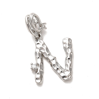 Rack Plating Brass Micro Pave Cubic Zirconia European Dangle Charms, Large Hole Letter Pendant, Platinum, Long-Lasting Plated, Cadmium Free & Lead Free, Letter N, 26mm, Charm: 16x13.5x2mm, Hole: 4x2.5mm