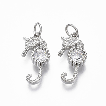 Brass Micro Pave Clear Cubic Zirconia Pendants, with Jump Ring, Sea Horse, Nickel Free, Real Platinum Plated, 18x8.5x4mm, Hole: 3mm