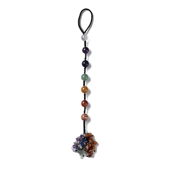 7 Chakra Round Natural Gemstone Pendant Decoration, Braided Thread and Gemstone Chip Tassel Hanging Ornaments, 250mm