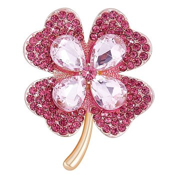 Cubic Zirconia Clover Brooch Pin, Golden Alloy Badge for Backpack Clothes, Pink, 42x50mm