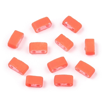 2-Hole Glass Seed Beads, Rubberized Style, Rectangle, Coral, 4.5~5.5x2x2~2.5mm, Hole: 0.5~0.8mm