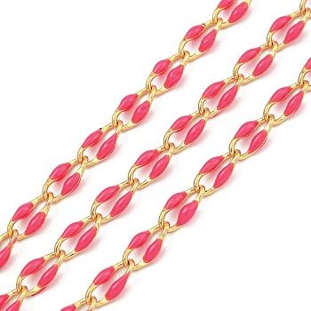Ion Plating(IP) Brass Dapped Chains, Cable Chains with Enamel, Real 18K Gold Plated, Soldered, with Spool, Flat Oval, Cerise, 7x3x1.3mm, about 32.81 Feet(10m)/Roll