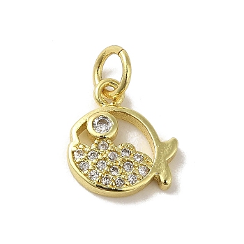 Real 18K Gold Plated Brass Pave Clear Cubic Zirconia Pendants, with Jump Rings, Fish, 11.5x10x2mm, Hole: 3mm