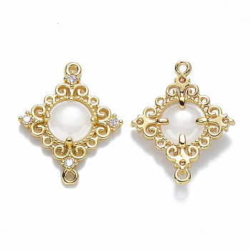 Glass Links connectors, with Eco-Friendly Alloy Open Back Berzel Findings and Clear Cubic Zirconia, Rhombus, Nickel Free, Light Gold, Creamy White, 23.5x19x4.5mm, Hole: 1.2mm