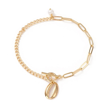 Anklets, with Natural Pearl Beads, Brass Curb Chains & Paperclip Chains, 304 Stainless Steel Toggle Clasps & Pendants, Shell Shape, Golden, 9-5/8 inch(24.5cm)