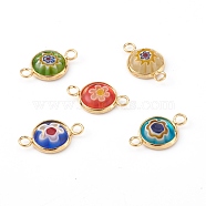 Handmade Millefiori Glass Links Connectors, with 304 Stainless Steel Findings, Flat Round, Golden, 19x12x3mm, Hole: 2.5mm(PALLOY-JF00628)