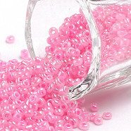 (Repacking Service Available) Glass Seed Beads, Ceylon, Round, Pink, 12/0, 2mm, Hole: 1mm, about 12g/bag(SEED-C020-2mm-145)