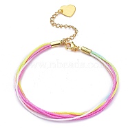 Segment Dyed Polyester Threads Multi-strand Bracelets, with Golden Plated 304 Stainless Steel Heart Charms and Lobster Claw Clasps, Pink, 7-5/8 inch(19.3cm)(BJEW-JB05672-03)