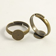 Brass Pad Ring Bases, Lead Free, Cadmium Free and Nickel Free, Adjustable, Antique Bronze Color, Ring: about 3mm wide, 14mm inner diameter, Tray: about 8mm in diameter(EC541-14-AB)
