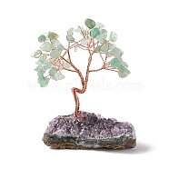 Natural Green Aventurine Tree Display Decoration, Druzy Amethyst Base Feng Shui Ornament for Wealth, Luck, Rose Gold Brass Wires Wrapped, 45~52x69~75x93~107mm(DJEW-G027-05RG-03)