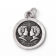 Brass Pendants, with Jump Rings, Long-Lasting Plated, Flat Round with 12 Constellation/Zodiac Sign, Antique Silver, Gemini, 18.5x15x2mm, Jump Ring: 5x0.7mm, Inner Diameter: 3.6mm(KK-I668-01AS-02)