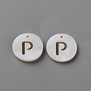 Natural Freshwater Shell Pendants, Flat Round with Letter, Letter.P, 12x1.5mm, Hole: 1mm(SHEL-Q311-008P)