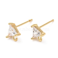 Brass Stud Earring Findings, with Glass & Vertical Loops, Triangle, Real 18K Gold Plated, 8x6.5mm, Hole: 1.2mm(KK-F855-23G)
