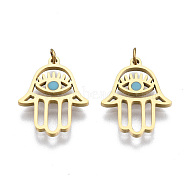 304 Stainless Steel Enamel Charms, with Jump Rings, Hamsa Hand/Hand of Fatima/Hand of Miriam with Eye, Real 14K Gold Plated,Sky Blue,14.5x11.5x1mm, Hole: 1.9mm(X-STAS-S116-372B-G)