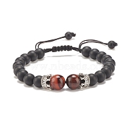 Natural Frosted Black Agate(Dyed) & Tiger Eye Braided Bead Bracelet with Alloy Crown, Gemstone Jewelry for Women, Brown, Inner Diameter: 2-1/4~3-3/4 inch(5.6cm)(BJEW-JB08249-05)